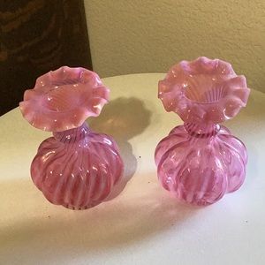 VTG Fenton Cranberry opalescence, spiral optics crimped edges pumpkin vases